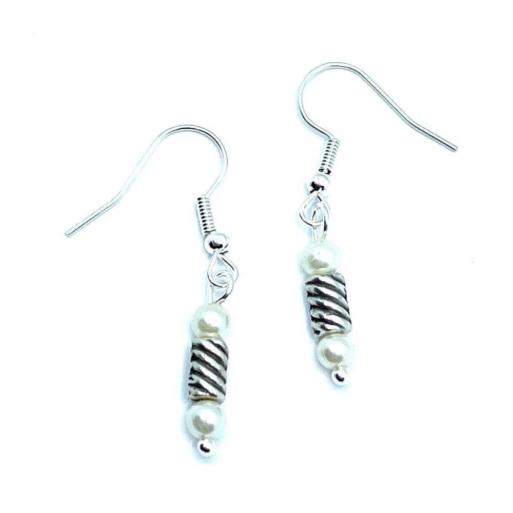 Brighton Ivory Colored Pearl Beads Silver Etched Lines Custom Silver Earrings